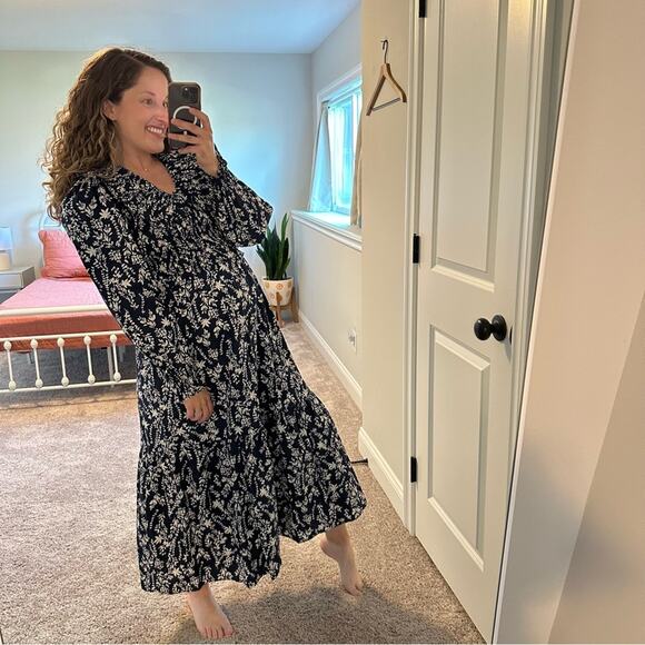 Anthropologie Moon River Navy Blue Smocked Cotton Floral Maxi Dress Small - Picture 4 of 12